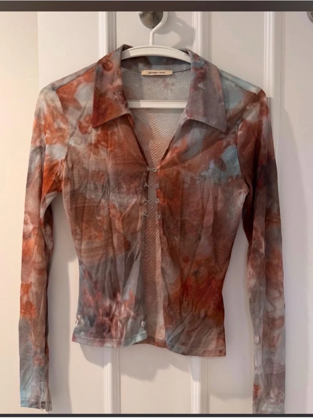 Paloma Wool Rust & Blue Sheer Mesh Button-Front Shirt - Picture 1 of 3